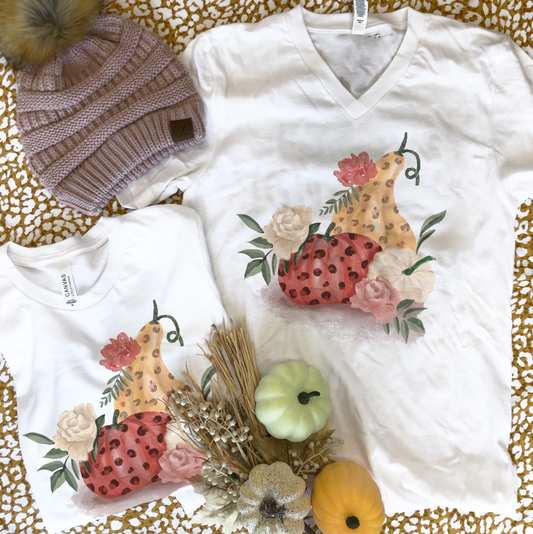 THANKSGIVING 2022: Leopard & Floral Fall Pumpkins (VNECK or CREW NECK)