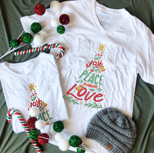 CHRISTMAS: Joy, Peace, Love Tree (VNECK or CREW NECK)