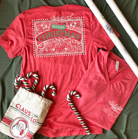 CHRISTMAS: Merry Christmas Poinsettia & Holly (VNECK or CREW NECK)