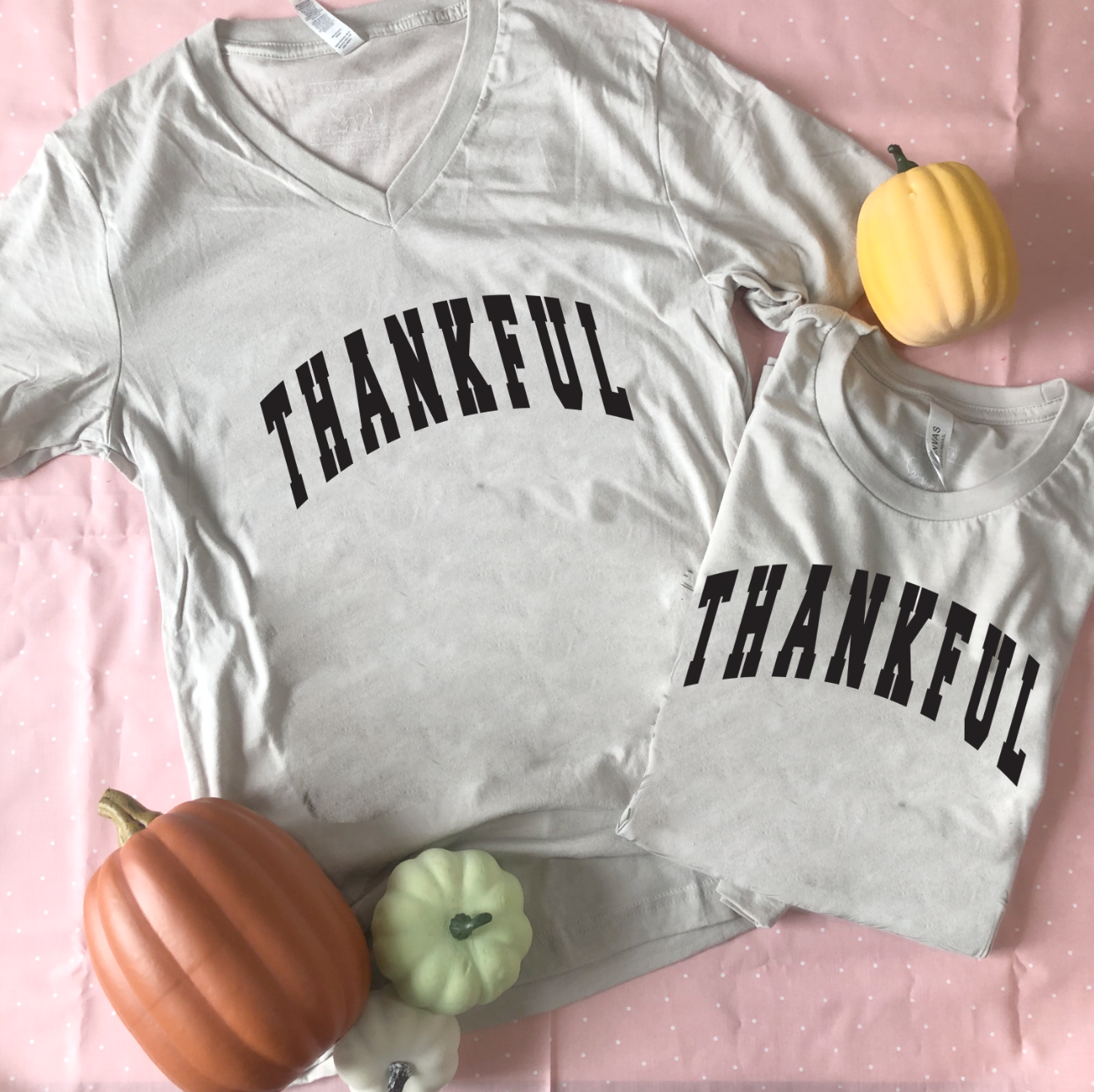 THANKSGIVING 2022: ST: THANKFUL Arched Letters (BELLA CANVAS CREW NECK or VNECK)