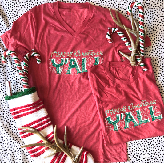 CHRISTMAS: Merry Christma Y'all (BASIC VNECK or CREW NECK)