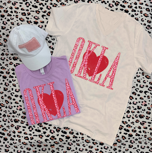 VALENTINE: OKLA Heart & Pink Leopard (BELLA CANVAS CREW NECK or VNECK)