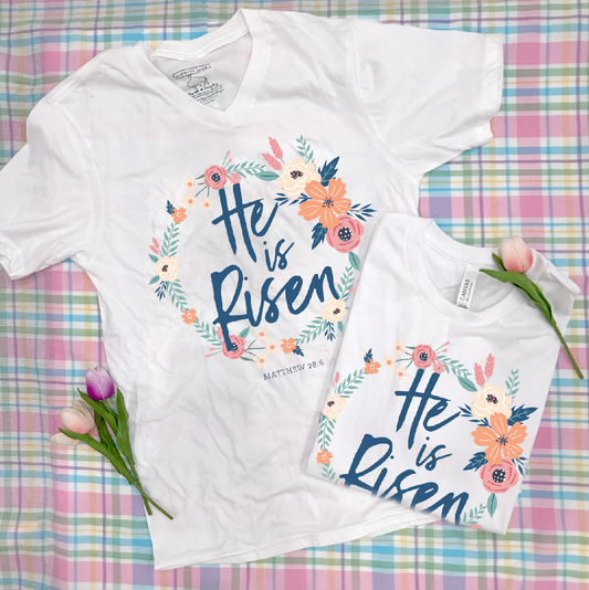 SWEET TEE TUESDAY: He Is Risen Floral Wreath (BELLA CANVAS VNECK or CREW NECK)