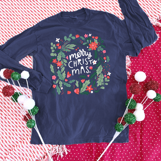 Merry Christmas Navy Wreath - LONGSLEEVE
