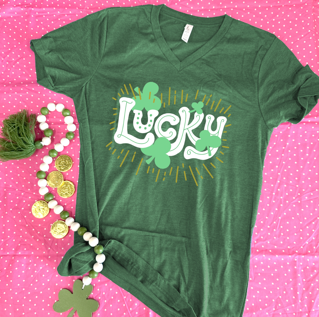 ST. PATTY: Lucky & Shamrocks (VNECK)